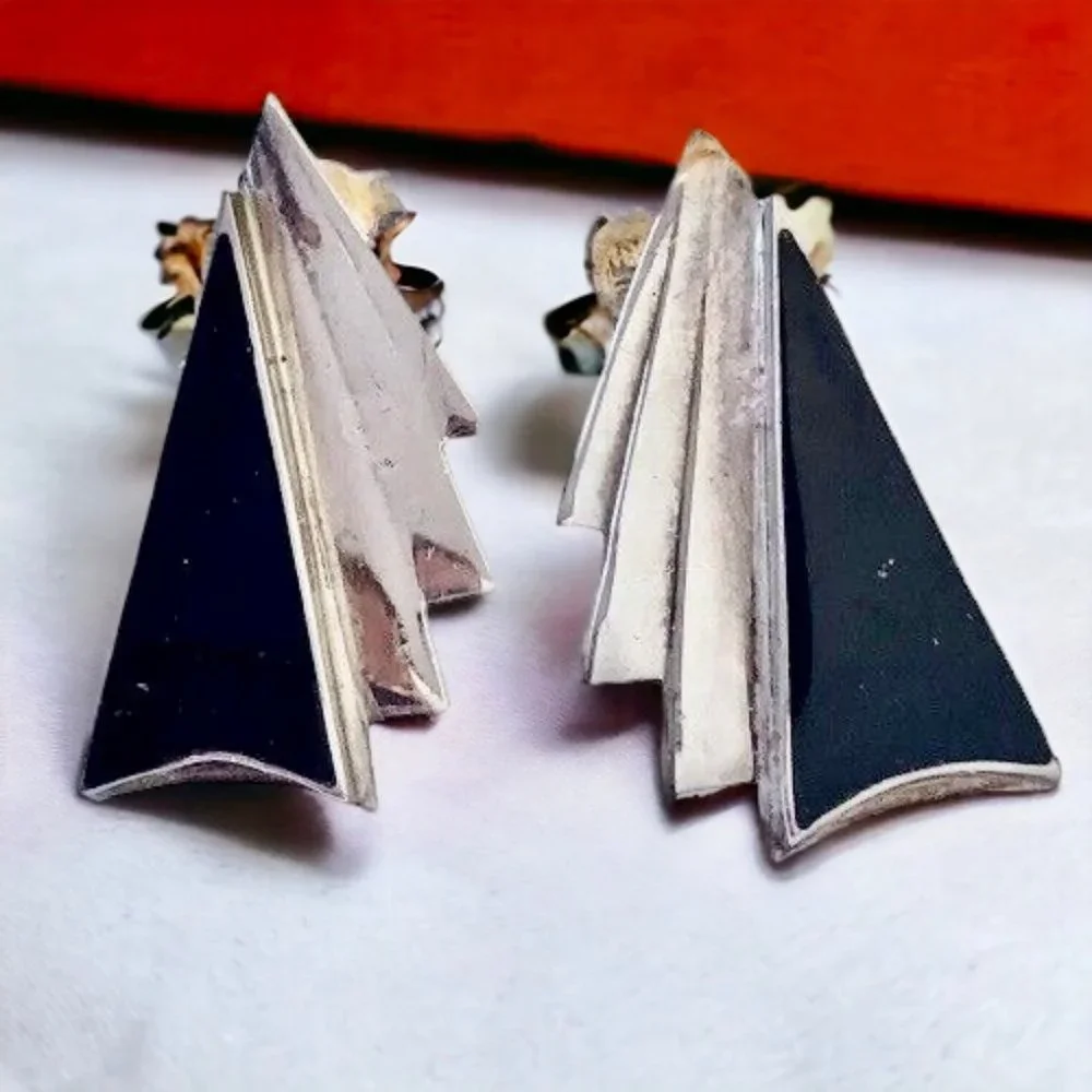 Modernist Sterling Silver & Black Onyx Post Earrings 925 Vintage Signed NF